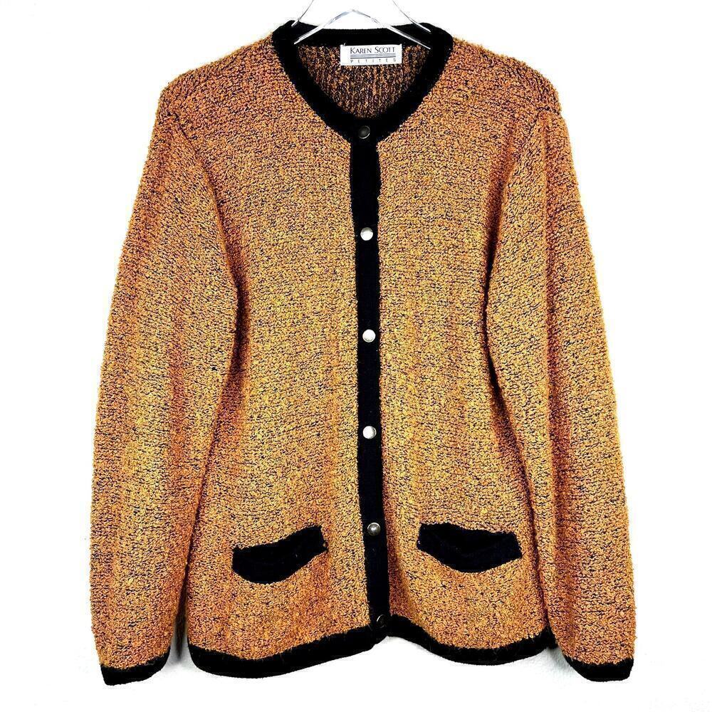 Vintage Karen Scott Boucle Knit Cardigan Sweaater Golden Yellow Black Buttons